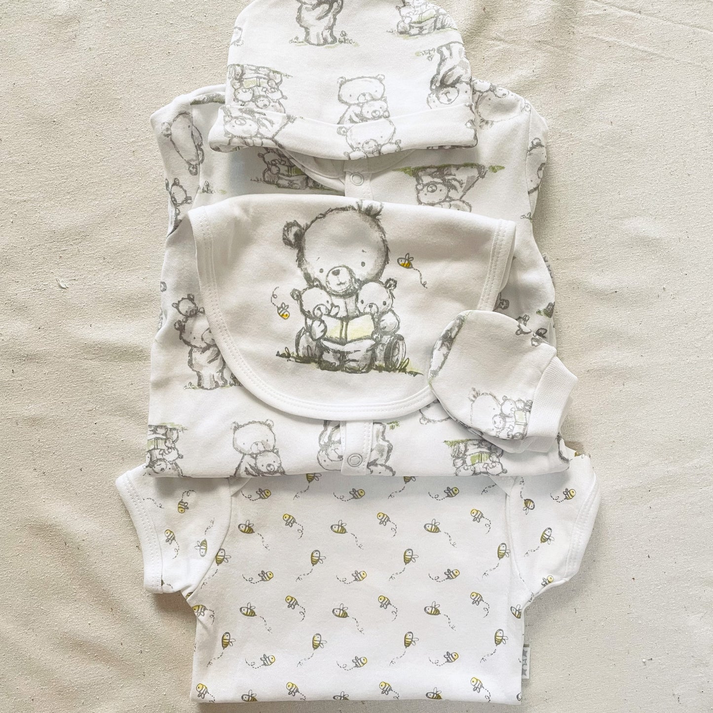 5 Piece 100% Cotton Baby Boy / Girl Teddy Print Neutral Layette Set